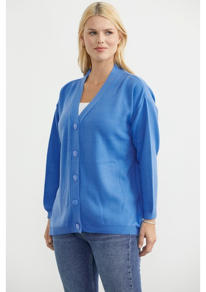 V Yaka Salaş Düğmeli Triko Hırka - Mavi fırsatları