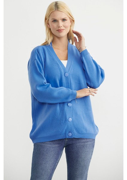 V Yaka Salaş Düğmeli Triko Hırka - Mavi indirimleri