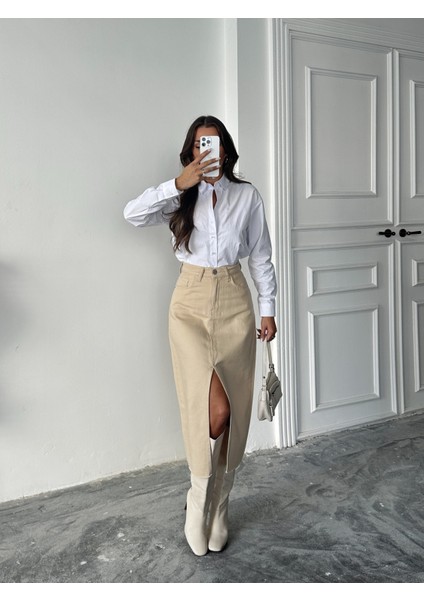 Etek Ucu Kesik Ön Yırtmaç Keten Etek