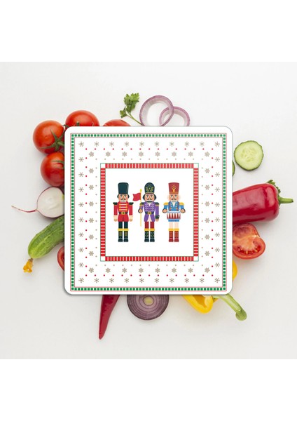 Cam Kesme Tahtası ve Sunumluk Kare Yılbaşı Fındıkkıran Desenli 30X30 cm modelleri