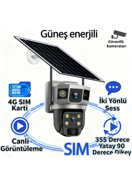 4g Sım Kartlı Güneş Enerjili Güvenlik Kamerası, 6mp Güneş Enerjili, Gece Görüşü, Hareket Algılama, Çift Yönlü Ses, IP66 Korumalı