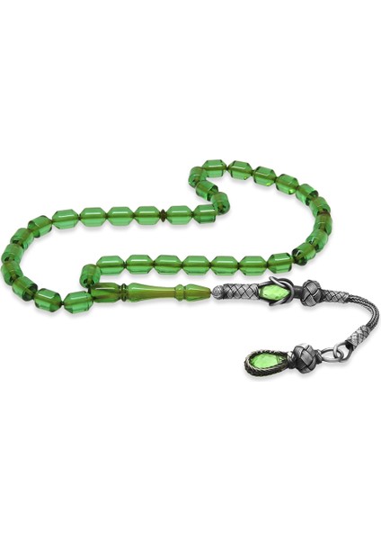 1000 Ayar Gümüş Kazaz Püsküllü Uçlu Kapsül Kesim Su Yeşili Ateş Kehribar Tesbih