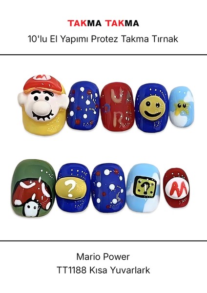 10'lu Renkli Kısa Yuvarlak TT1188 Tekrar Kullanılabilir El Yapımı Protez Takma Tırnak - Renkli-L modelleri