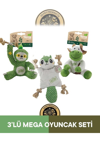 Terra Eco Ella Puppy (Inek)-Pip Puppy (Sincap)-Po Puppy (Tembel Hayvan) Köpek Oyuncağı 3'lü Set