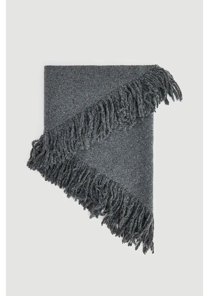 Püsküllü Üçgen Yün Şal - Gri