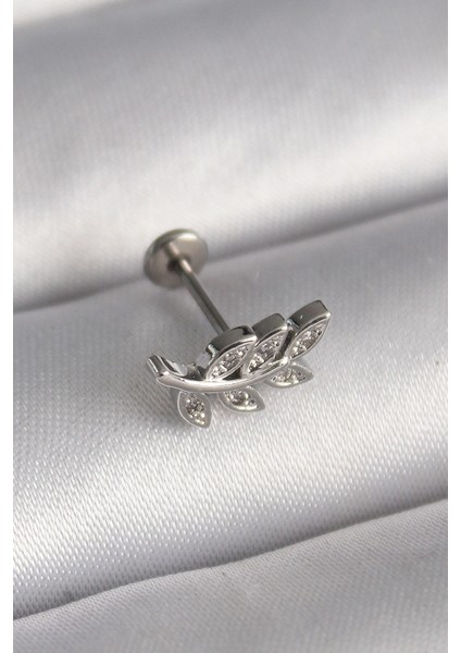 316L Çelik Gümüş Renk Dal Model Zirkon Taş Detaylı Tragus Piercing - TJ-PR1343