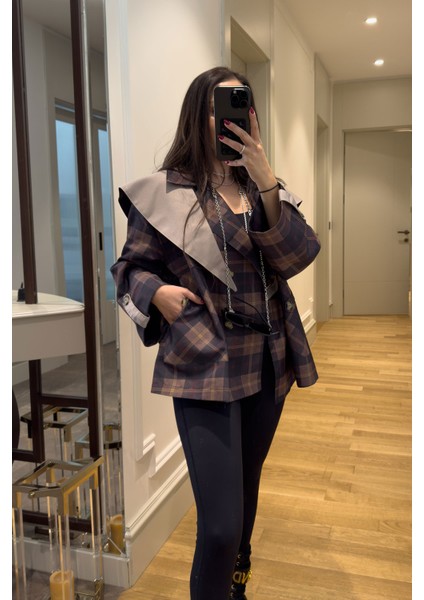 Şal Yaka Garnili Ekose Tasarım Trençkot- Siyah