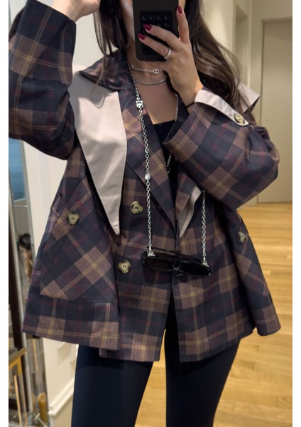 Şal Yaka Garnili Ekose Tasarım Trençkot- Siyah fiyatları