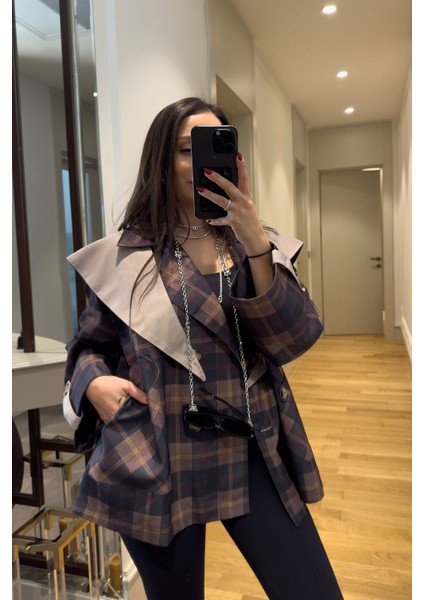 Şal Yaka Garnili Ekose Tasarım Trençkot- Siyah modelleri