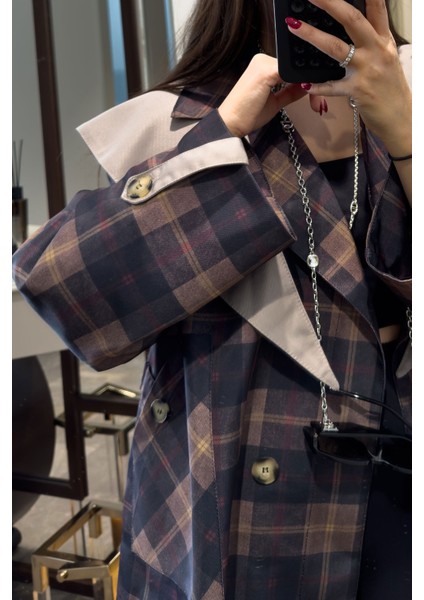 Şal Yaka Garnili Ekose Tasarım Trençkot- Siyah fırsatları