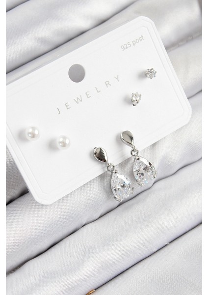 Pirinç Zirkon Taşlı Sallantılı Damla Model Gümüş Renk 925 Ayar Gümüş Çivi Kadın Küpe Set - TJ-BKP11171