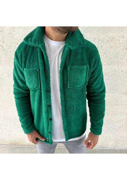 Erkek Pelüş Polar Hırka Gömlek – Yakalı, Ilik Düğmeli, Göğüs Cepli, Yumuşak Dokulu Kışlık Regular Fit Rahat Günlük Model - Çimen Yeşili fırsatları