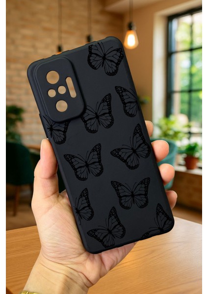 Xiaomi Redmi Note 1o Pro Siyah Kelebek Desenli Silikon Darbe Emici Klasik Korumalı Rubber Kılıf