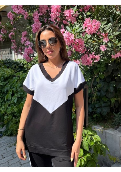 Kadın Kısa Kollu V Yaka Siyah Beyaz Renkli Viskon Iki Iplik Kumaş Eşofman Takımı modelleri