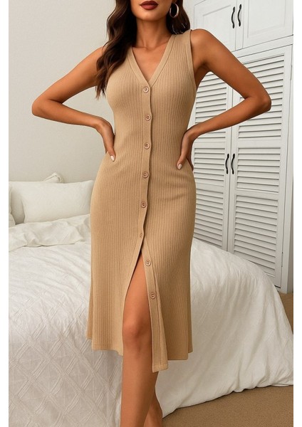 Kadın V Yakalı Önden Düğmeli Kaşkorse Elbise