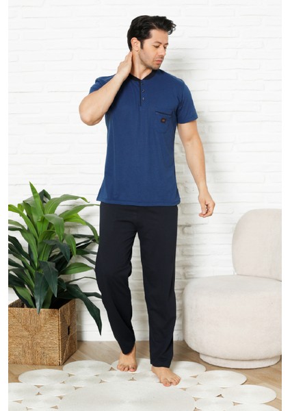 Erkek %100 Pamuklu Pijama Takımı-3 Düğmeli-Yaka Cepli 12384