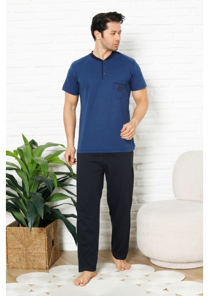Erkek %100 Pamuklu Pijama Takımı-3 Düğmeli-Yaka Cepli 12384 modelleri