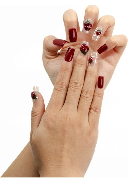 10'lu Bordo Kısa Balerin TT1050 Tekrar Kullanılabilir El Yapımı Protez Takma Tırnak - Bordo-L modelleri