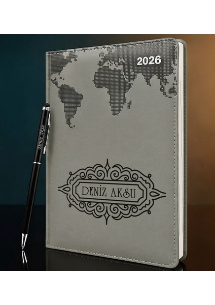 Kişiye Özel Isimli Termo Sert Kapak 2026 Gri Ajanda & Kalem -11, Öğretmenler Günü Hediyesi, Yeni Iş Hediyesi