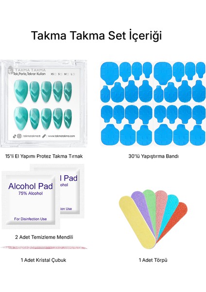 15'li Yeşil Kısa Badem TT1373 Tekrar Kullanılabilir El Yapımı Protez Takma Tırnak - Yeşil-XS fiyatları