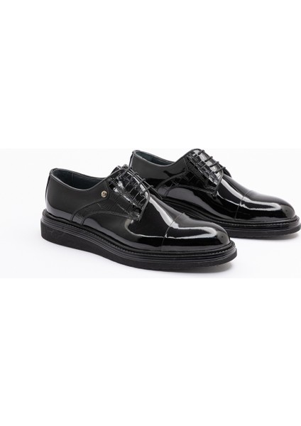 Erkek Siyah Rugan Kalın Poli Tabanlı Klasik Ayakkabı