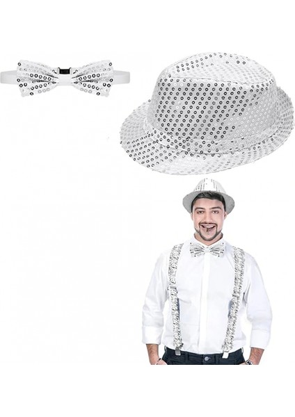 Gümüş Payetli Şapka ve Papyon Seti – Parıltılı Yetişkin Kostüm Seti