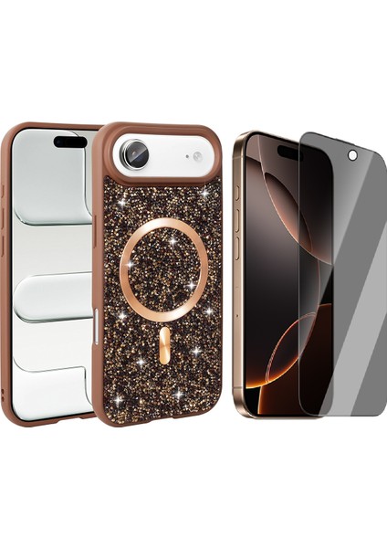 iPhone 17 Air Kılıf Pırlanta Tasarımlı M-Safe Şarj Özellikli Zore Mozaik Silikon Kapak + Hayalet Ekran Koruyucu