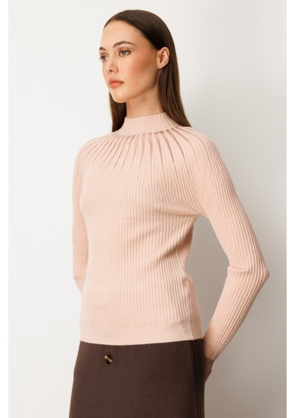 Kadın Dik Yaka Tül Detaylı Triko Kazak 60384 Pembe fiyatları