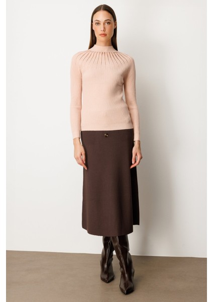 Kadın Dik Yaka Tül Detaylı Triko Kazak 60384 Pembe modelleri