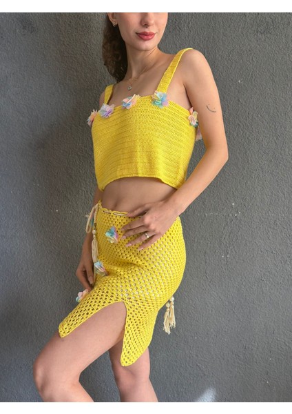 El Örgüsü Etek Büstiyer Çiçekli Sarı Kadın Takım