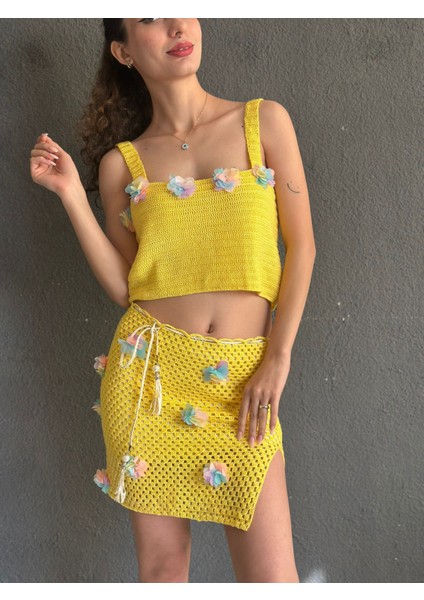 El Örgüsü Etek Büstiyer Çiçekli Sarı Kadın Takım modelleri