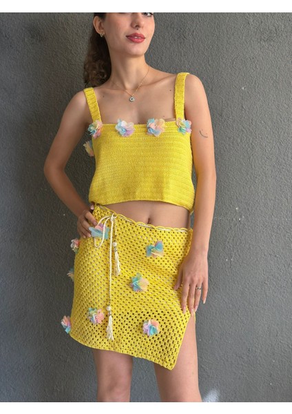 El Örgüsü Etek Büstiyer Çiçekli Sarı Kadın Takım fırsatları
