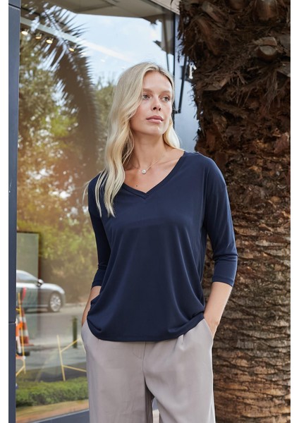 Kadın Kaliteli Modal Esnek Kumaş V Yaka Düşük Omuzlu Kapri Truvakar Kol Hafif Salaş Bluz-Lacivert fırsatları
