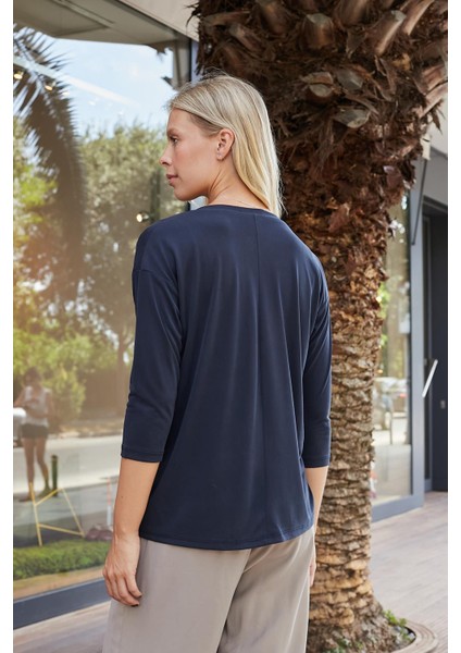 Kadın Kaliteli Modal Esnek Kumaş V Yaka Düşük Omuzlu Kapri Truvakar Kol Hafif Salaş Bluz-Lacivert