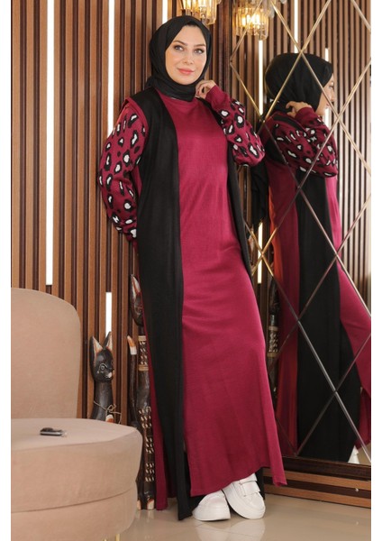 Kolları Desenli Triko Elbise Şarabi 2270-4