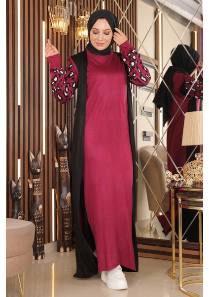 Kolları Desenli Triko Elbise Şarabi 2270-4 modelleri