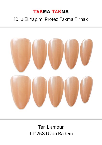 10'lu Pembe Uzun Badem TT1253 Tekrar Kullanılabilir El Yapımı Protez Takma Tırnak - Pembe-XS