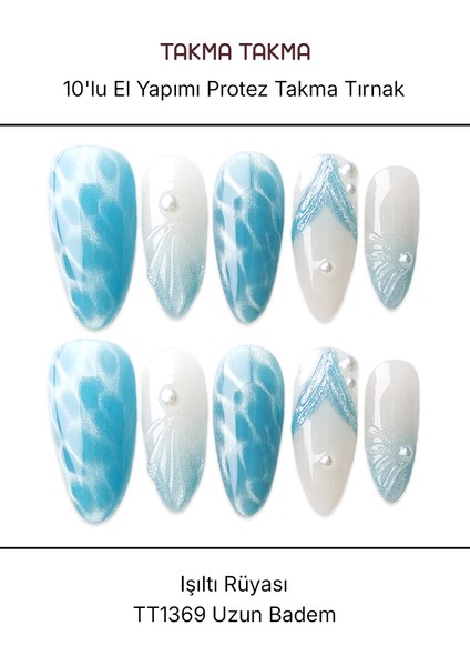 10'lu Mavi Uzun Badem TT1369 Tekrar Kullanılabilir El Yapımı Protez Takma Tırnak - Mavi-L