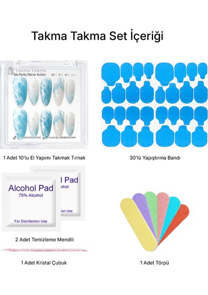 10'lu Mavi Uzun Badem TT1369 Tekrar Kullanılabilir El Yapımı Protez Takma Tırnak - Mavi-L fiyatları