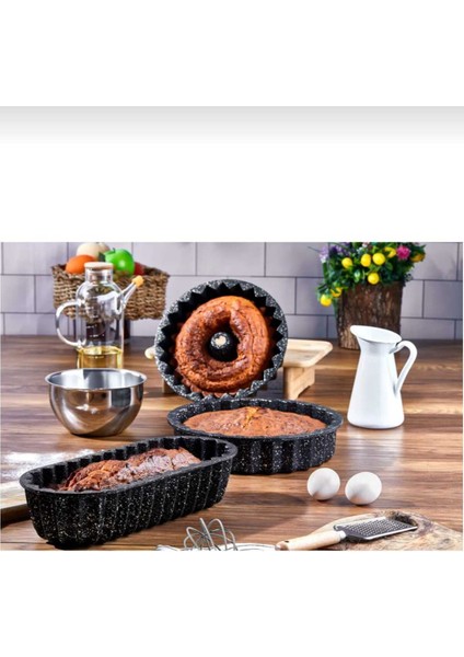 Granit Kaplama 3 Parça Siyah Kek & Turta Kalıbı Takımı - Yanmaz ve Yapışmaz Yüzey