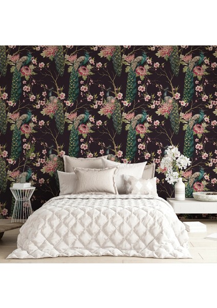 Egzotik Tavus Kuşu Desenli Kadifemsi Duvar Kumaşı