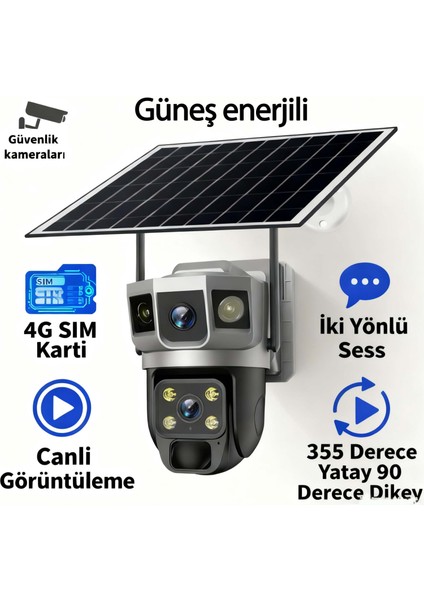 6mp (3+3) Güneş Enerjili 4g Sım Kartlı Güvenlik Kamerası, Gece Görüşü, Çift Yönlü Ses, Hareket Algılama