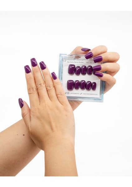 10'lu Mor Kısa Kare TT1233 Tekrar Kullanılabilir El Yapımı Protez Takma Tırnak - Mor-M