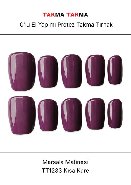 10'lu Mor Kısa Kare TT1233 Tekrar Kullanılabilir El Yapımı Protez Takma Tırnak - Mor-M fırsatları