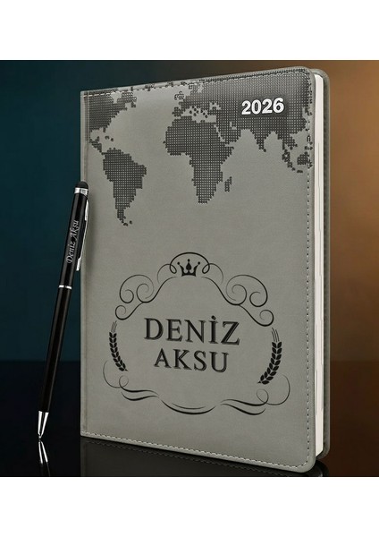 Kişiye Özel Isimli Termo Sert Kapak 2026 Gri Ajanda & Kalem -6, Öğretmenler Günü Hediyesi, Yeni Iş Hediyesi