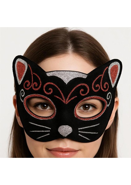 Kadife Dokulu Sim Detaylı Işıltılı Kedi Maskesi Kırmızı Gümüş 20x13 cm