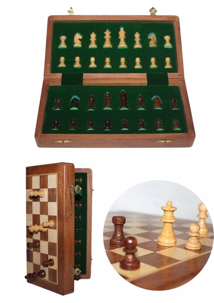 Mıknatıs Taşlı Ahşap Katlanabilir Kutulu Satranç Oyunu 12.5 cm G610