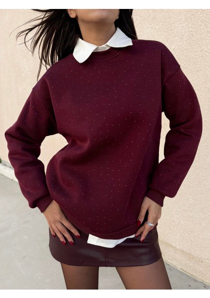 Kadın Bordo Taşlı Oversize Sweatshirt 30067