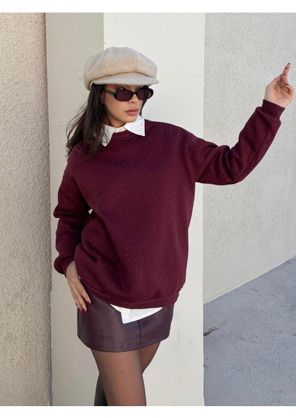 Kadın Bordo Taşlı Oversize Sweatshirt 30067 fiyatları