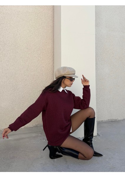 Kadın Bordo Taşlı Oversize Sweatshirt 30067 modelleri